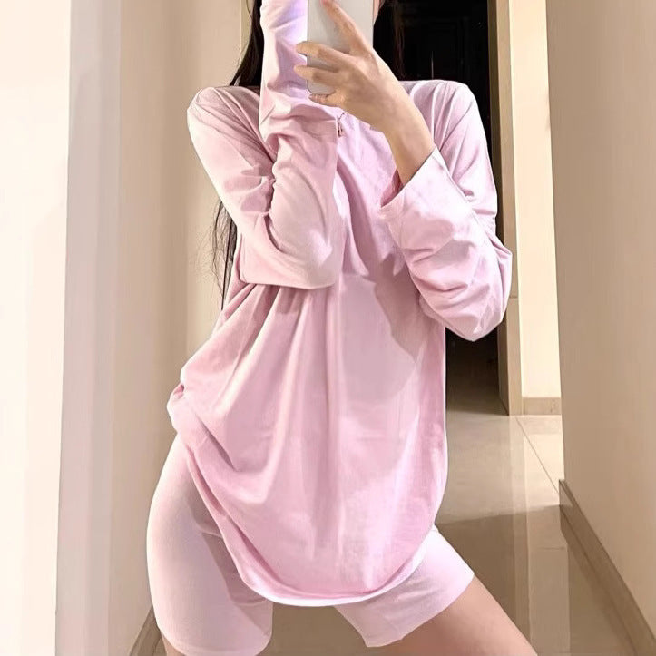 Lazy Skin-friendly Texture Loose Long-sleeved T-shirt For Women