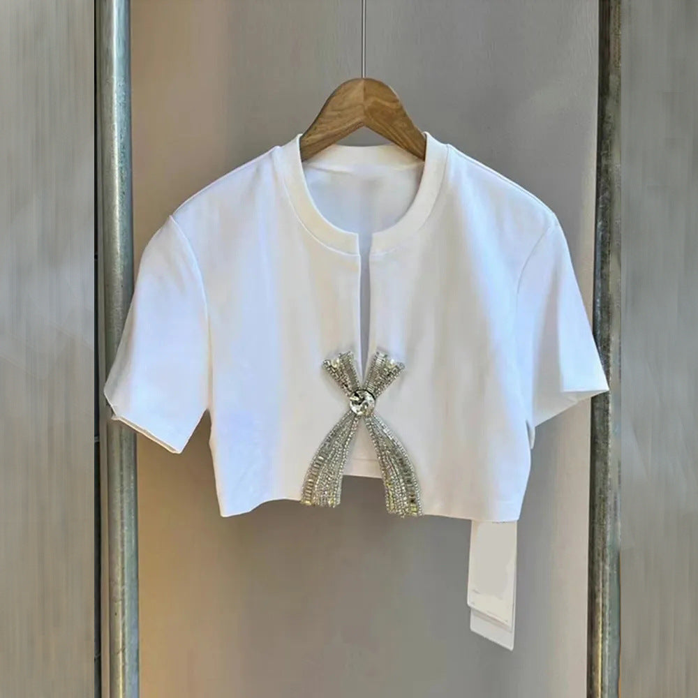 Simple Rhinestone Bow Short Sleeve T-shirt For Women