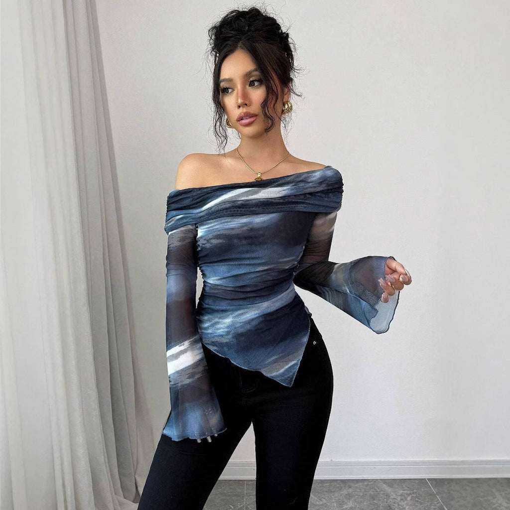 Knitted Mesh Printed Off-shoulder Collar Long Sleeved Fitted T-shirt