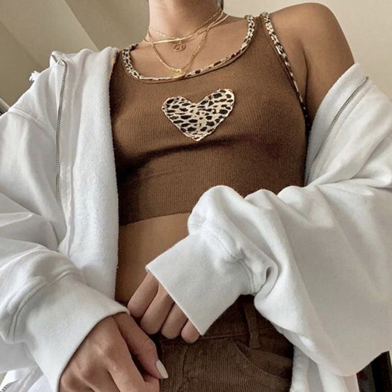 Patchwork Brown Cute Tops Leopard Heart Sexy Tank Top