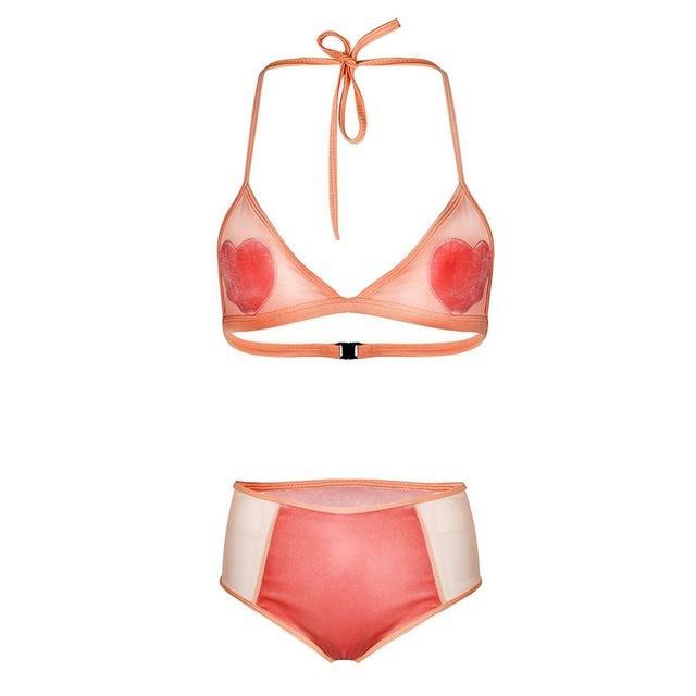 New Arrivals Lovely Heart Print Hollow Out Bandage Women Bodysuit 2 Pieces