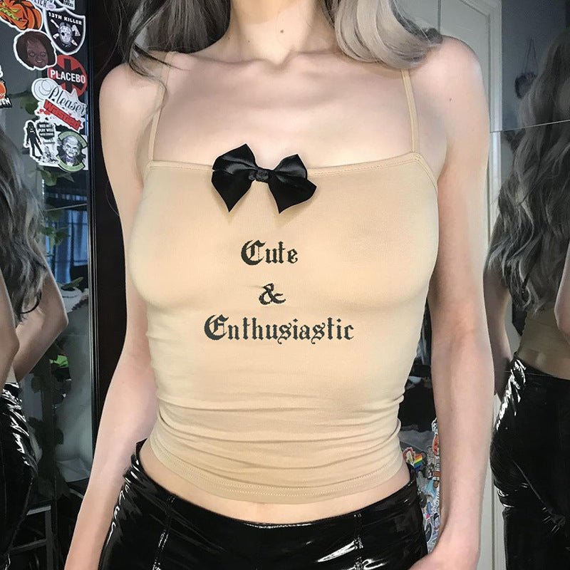 Hottie Bow Stitching Letter Embroidered Strap Slim Top