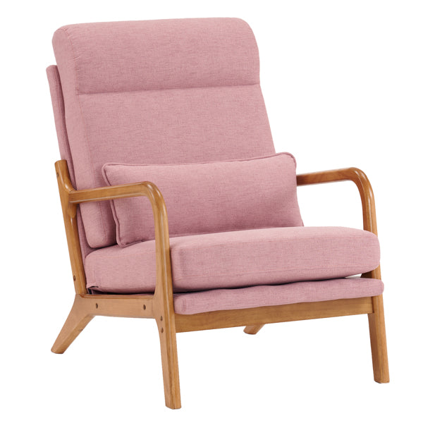 High Back Solid Wood Armrest Backrest Iron Frame Linen Indoor Leisure Chair Pink