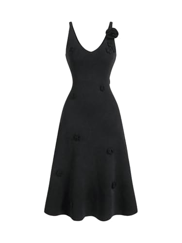 Women's 3D Flower Backless Sweater Dress Sleeveless Slim Fit Flared Hem Midi Dresses