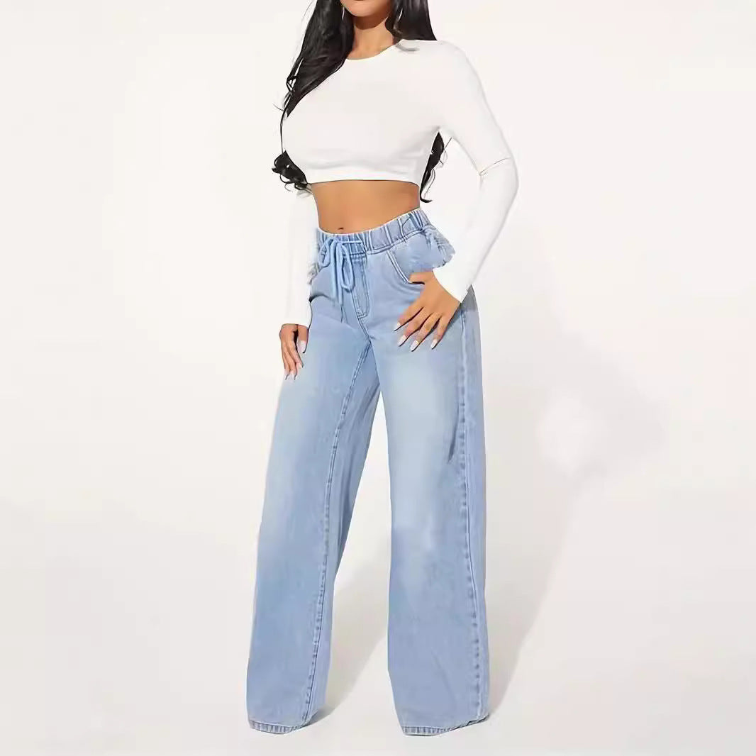 High Waist Drawstring Loose Wide Leg Light Blue Jeans