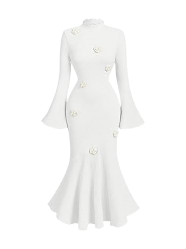 Women's 3D Floral Bell Sleeve Mock Neck Midi Dress Ruffle Hem Bodycon Wedding Guest Dresses