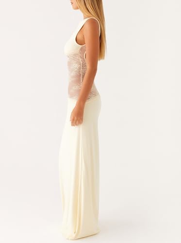 Women Satin Bodycon Maxi Dress Y2K Lace Patchwork Sleeveless Dress Backless Cutout Long Lace Dress Elegant