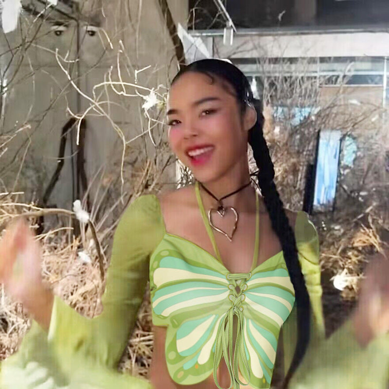 Fashion Street Sexy Mesh Stitching Bow Tie Top