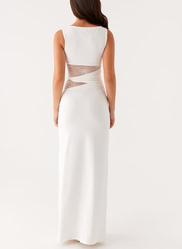 Women Satin Bodycon Maxi Dress Y2K Lace Patchwork Sleeveless Dress Backless Cutout Long Lace Dress Elegant