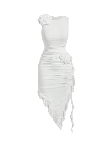 Women's Sleeveless Floral Appliques Bodycon Mesh Irregular Ruffle Hem Dress