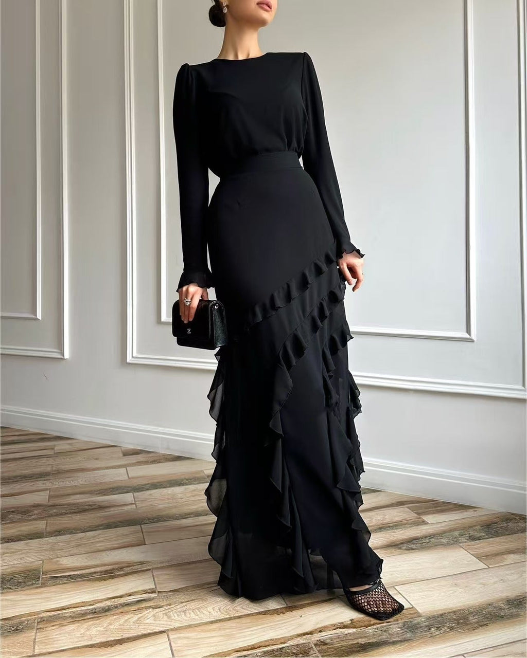Three-dimensional Ruffled Slim Fit Long Dress Two-piece Set