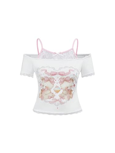 Women's Y2K Coquette Aesthetic Crop Tops Summer Kawaii Clothes Cute Lace Bow Cold Shoulder Graphic Tees