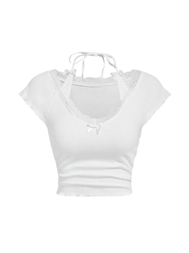 Women's Contrast Lace Halter Neck Lettuce Trim Casual Crop Tee Tops