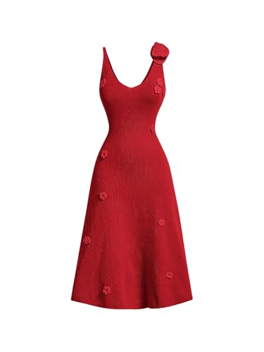 Women's 3D Flower Backless Sweater Dress Sleeveless Slim Fit Flared Hem Midi Dresses