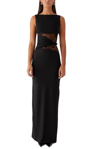 Women Satin Bodycon Maxi Dress Y2K Lace Patchwork Sleeveless Dress Backless Cutout Long Lace Dress Elegant