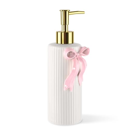 Handmade Ceramic Bow Soap Pump Dispenser Hand Lotion Liquid Dispenser Refillable for Kitchen and Bathroom Decorative
