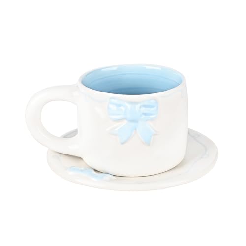 Elegant Bowknot Tea Cup and Saucer Set, Ceramic Tea Mug Set with Butterfly Bow Design, Perfect for Afternoon Tea or Home Décor
