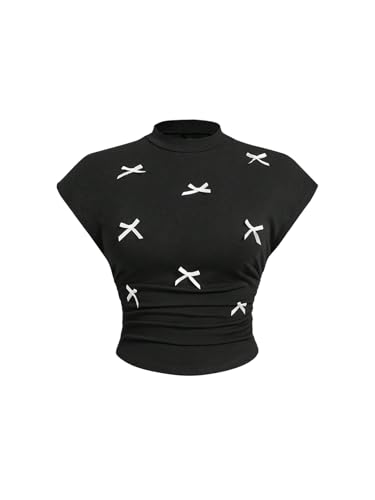 Women's Plus Size Y2K 3D Bow Crop Tops Mock Neck Cap Sleeve Ruched T Shirt