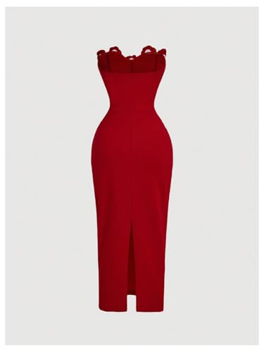 Women's 3D Flower Strapless Midi Dress Ruched Split Corset Bodycon Dresses