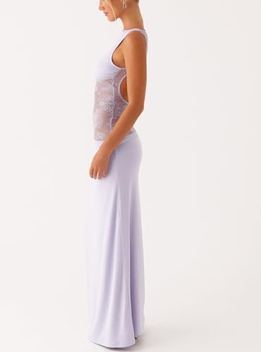 Women Satin Bodycon Maxi Dress Y2K Lace Patchwork Sleeveless Dress Backless Cutout Long Lace Dress Elegant