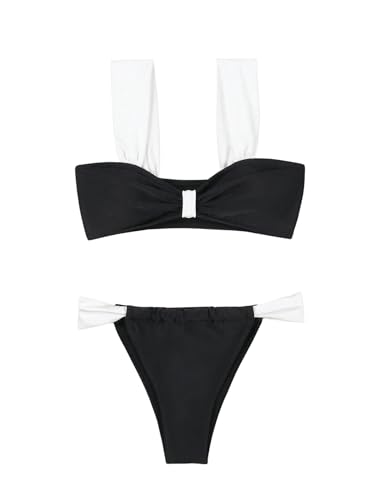 Women's Sexy 2 Piece Swimsuit Color Block Wide Strap Ruched Bikini Top and Thong Bikini Set