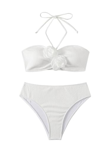 Women's 2 Piece Halter Swimsuit 3D Flower Appliques Bandeau Tummy Control Bikini Set