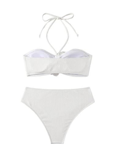 Women's 2 Piece Halter Swimsuit 3D Flower Appliques Bandeau Tummy Control Bikini Set