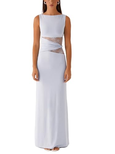 Women Satin Bodycon Maxi Dress Y2K Lace Patchwork Sleeveless Dress Backless Cutout Long Lace Dress Elegant