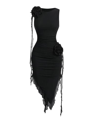 Women's Bodycon Dress 3D Floral Ruched Round Neck Sleeveless Ruffle Hem Midi Dress