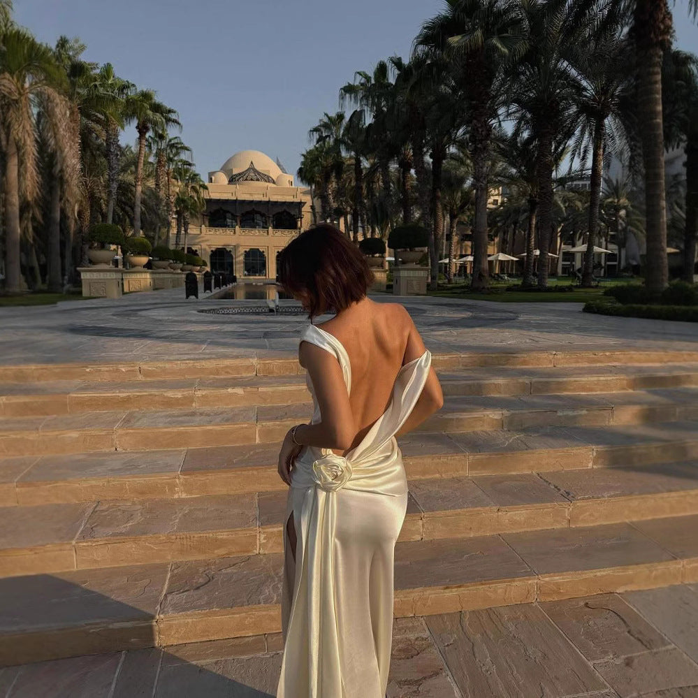 High Quality Satin Dignified Flowers Dress Split Dress