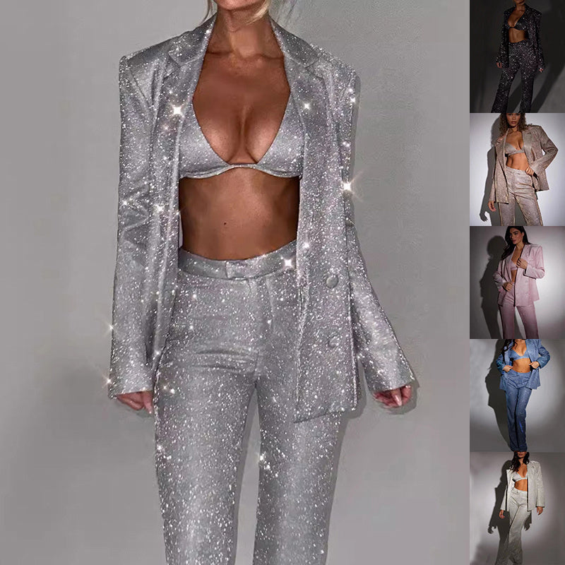 Shiny Long-sleeved Suit With Bra Lapel Blazer And Straight-leg Trousers Fashion Party Jacket Set For Women Clothing 3pcs