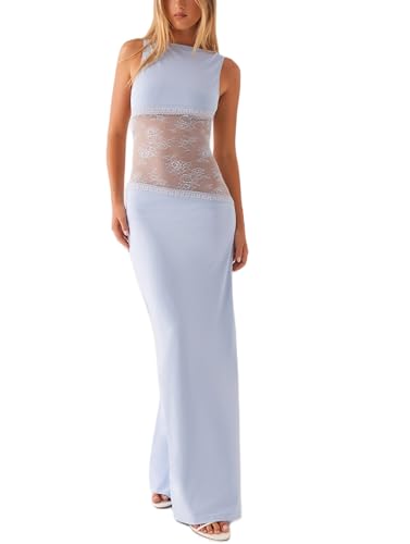 Women Satin Bodycon Maxi Dress Y2K Lace Patchwork Sleeveless Dress Backless Cutout Long Lace Dress Elegant