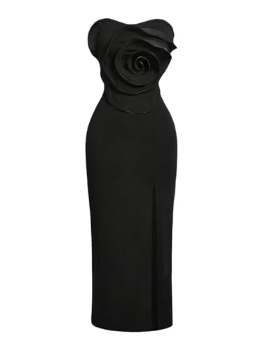 Women's 3D Floral Strapless Tube Dress Elegant Sleeveless Slit Bodycon Long Dresses