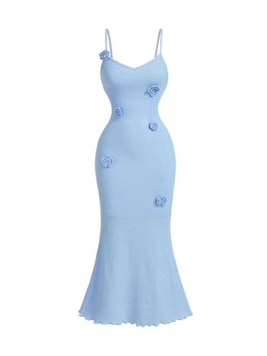 Women's Summer Rose Cami Midi Floral Appliques V Neck Spaghetti Strap Bodycon Dress