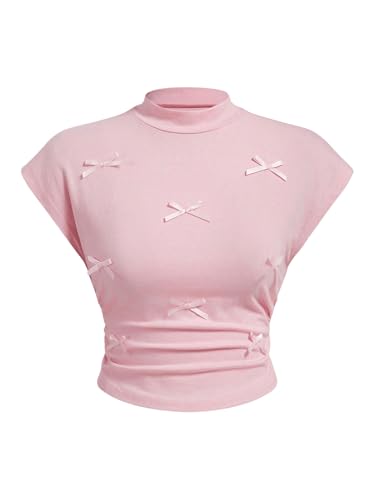 Women's Plus Size Y2K 3D Bow Crop Tops Mock Neck Cap Sleeve Ruched T Shirt