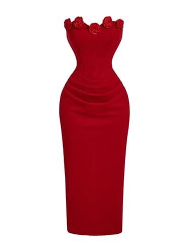 Women's 3D Flower Strapless Midi Dress Ruched Split Corset Bodycon Dresses