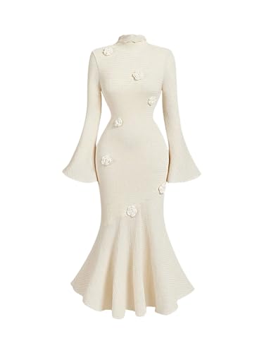 Women's 3D Floral Bell Sleeve Mock Neck Midi Dress Ruffle Hem Bodycon Wedding Guest Dresses