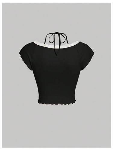 Women's Contrast Lace Halter Neck Lettuce Trim Casual Crop Tee Tops