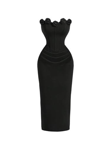 Women's 3D Flower Strapless Midi Dress Ruched Split Corset Bodycon Dresses