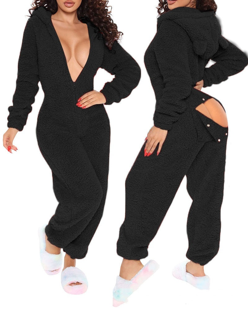Long Sleeve Hooded Trousers Plush Homewear Pajamas Jumpsuit