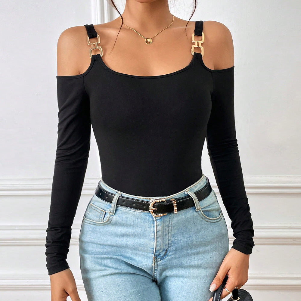 Women's Simple Suspender Off-Shoulder Metal Hook Long-Sleeved Sexy Top
