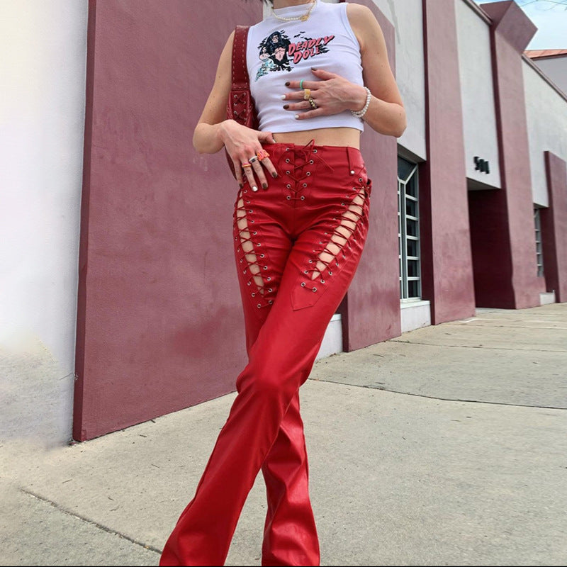 Women's High Waist Hollow-out Strap Straight Ankle Tied Leather Pants