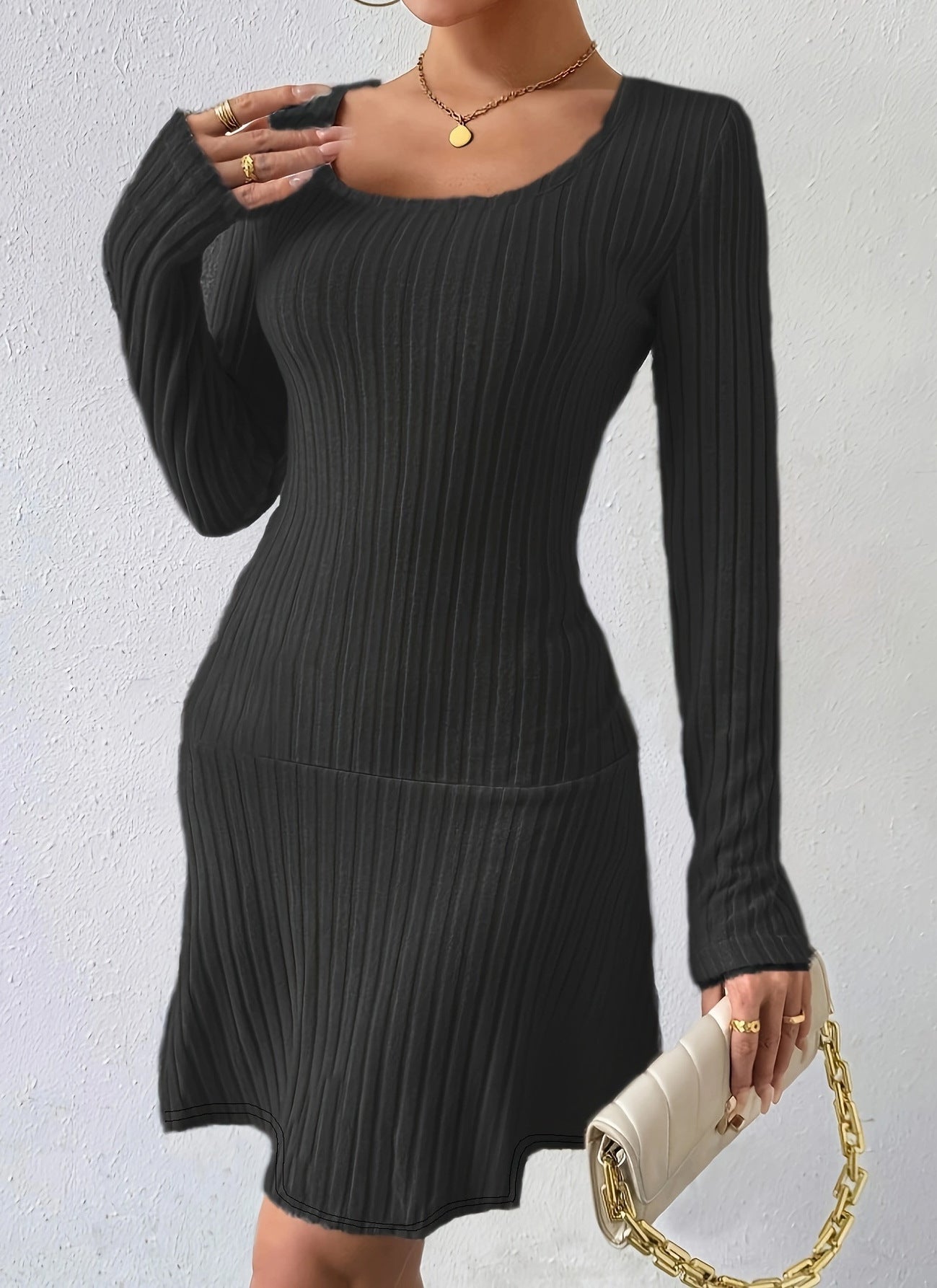 Fashion Solid Color Waist Tight Long Sleeve Dress