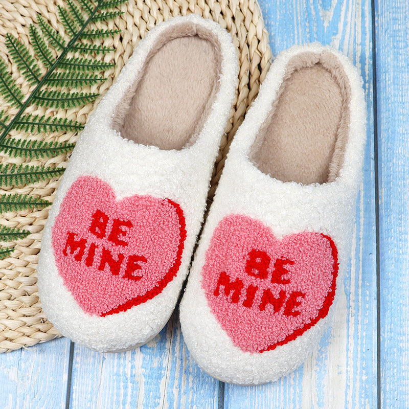Women's Love Heart Cotton Slippers â€?Non-Slip Plush Indoor Slides