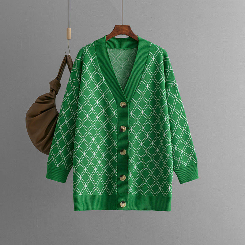 V-neck Cardigan Sweater Casual Loose Diamond Plaid Sweater Coat
