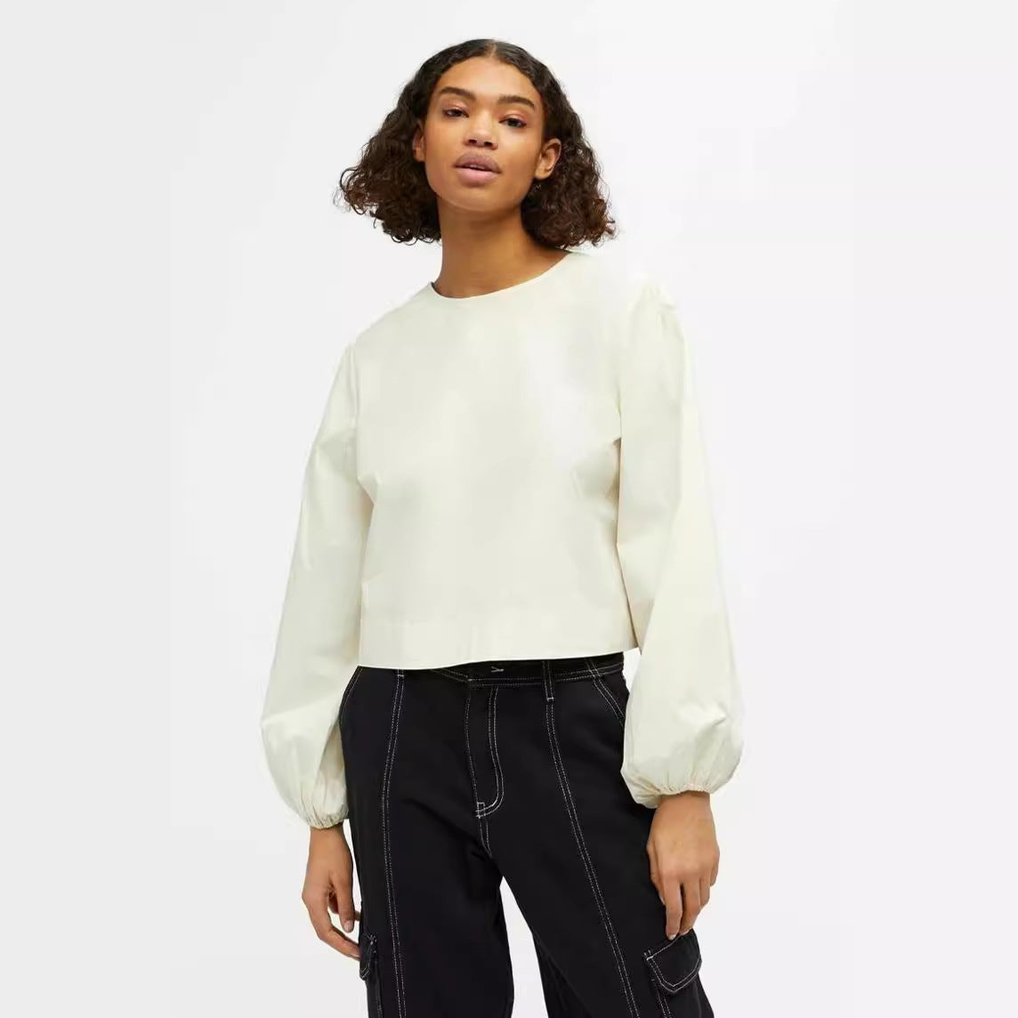 Fashion Inside-out Wear Bow Solid Color Pleating Long Sleeve Top