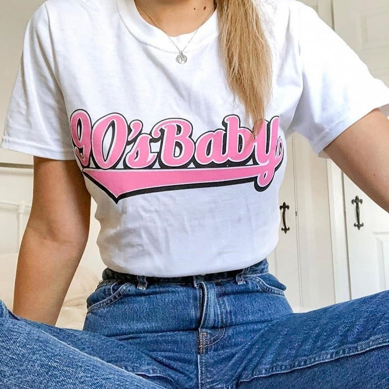 Women's 90's Baby Letter Printing Loose T-shirt Round Neck Street Photo Top