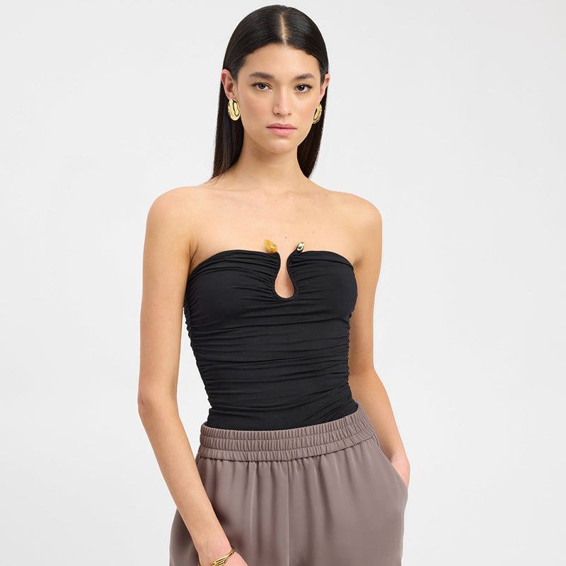 Solid Color Chest-wrapped Backless Pleated Agate Top