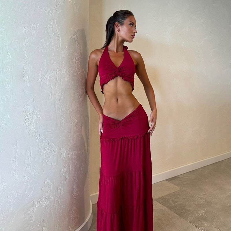 Women's Fashion V-neck Halter Vest High Waist Skirt