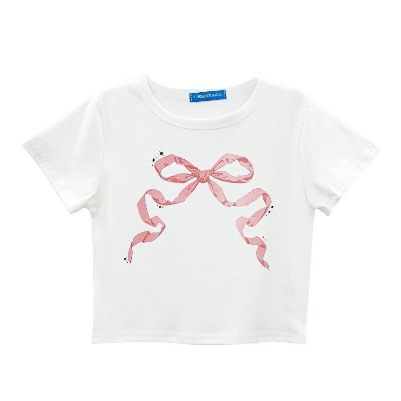 Round Neck Retro Bow Cotton Short-sleeved T-shirt For Women
